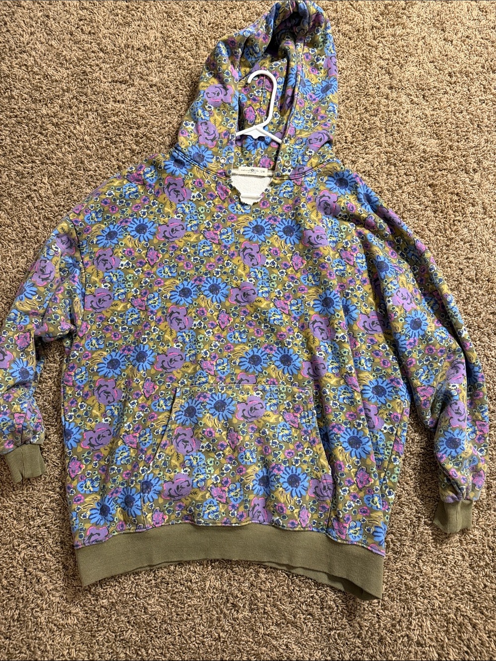 NATURAL LIFE Olive Floral Hoodie with Blue and Lavender Blooms